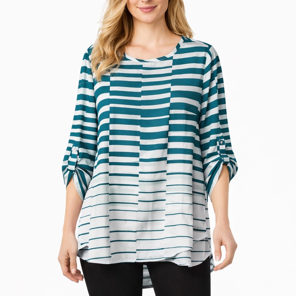 Cato Teal White Striped Hi Lo Blouse Small Roll Tab Sleeve Stretch Top